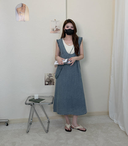 Women's Denim Fake Two-Piece Sleeveless U-Neck A-Line Midi Dress Ruffle Shoulder Detail with Free Mini Bag Dark Navy Blue Grey One Size