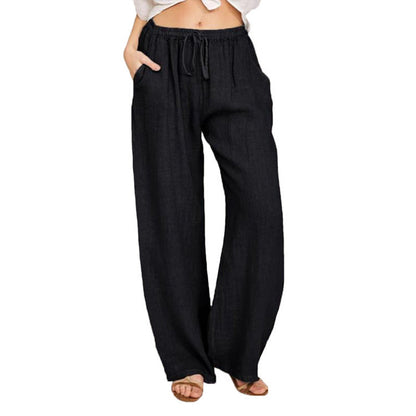 Women's Casual Wide Leg Elastic Waist Loose Lightweight Summer Linen Beach Pants Drawstring