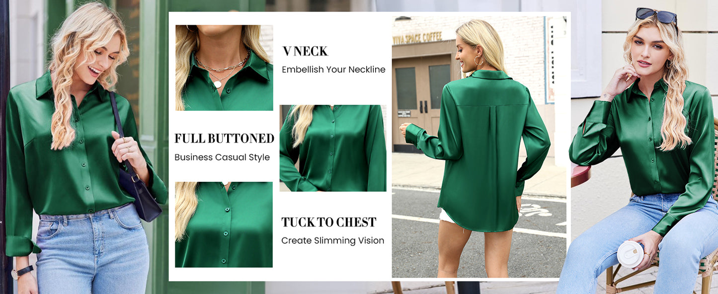 Satin Blouses for Women Silk Button Down Shirts Long Sleeve Business Casual Tops - Seldom Seen Styles