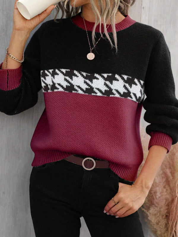 Spring Autumn Contrast Color Pullover round Neck Knitted Sweater Fashion Geometry Pattern Pattern Jacquard TopWomen's Clothing