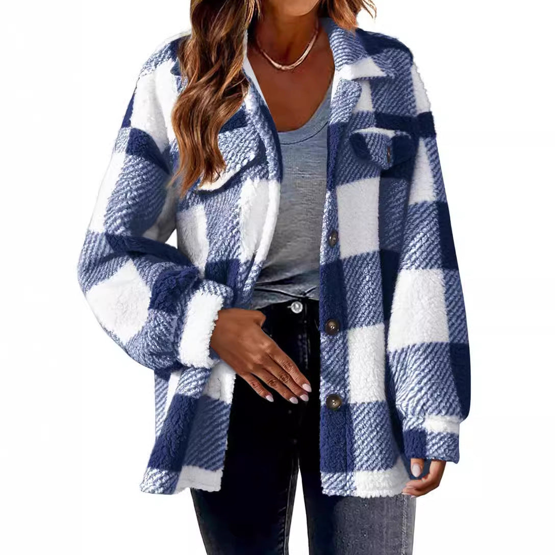 Plaid Pattern Button Front Jacket, Elegant Long Sleeve Warm Coat, Autumn and Winter, Women's Clothing