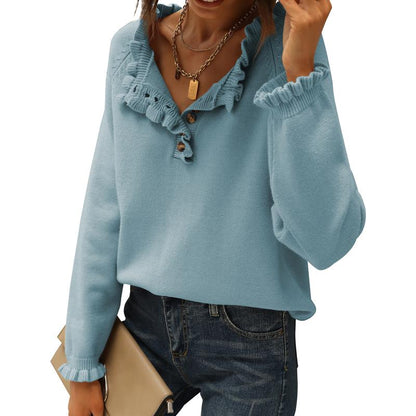 Women's Knit Pullover Sweater Tops - Casual Long Sleeve Button Down Crew Neck Ruffle Solid Color Striped - Knitwear, Womenswear