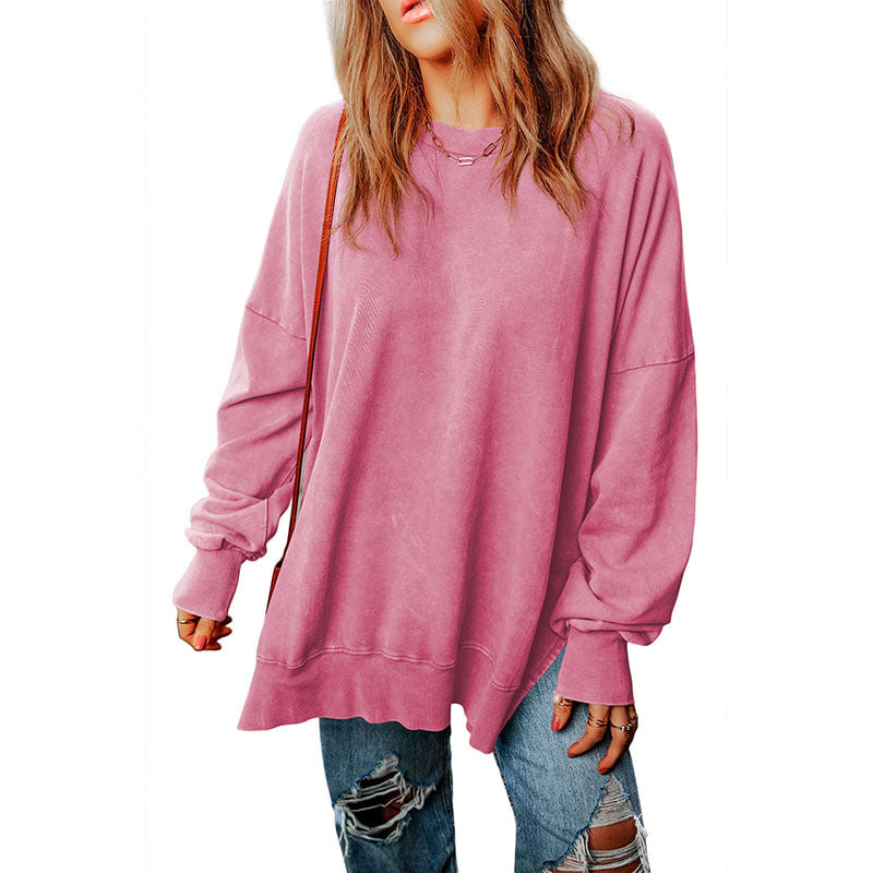 Autumn New Pure Color round-Neck Pullover Women's European and American Leisure Style All-Match Super Long Flab Hiding Long-Sleeved Top for Women