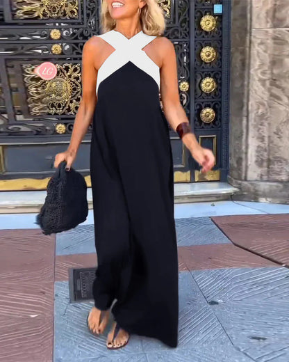 Women's Cross Halter Neck Sleeveless Stitching Dress