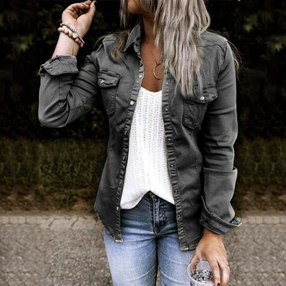 Women Button Down Denim Shirt Chambray Snap Buttons Lightweight Utility Anorak Military Jacket Coat 2025