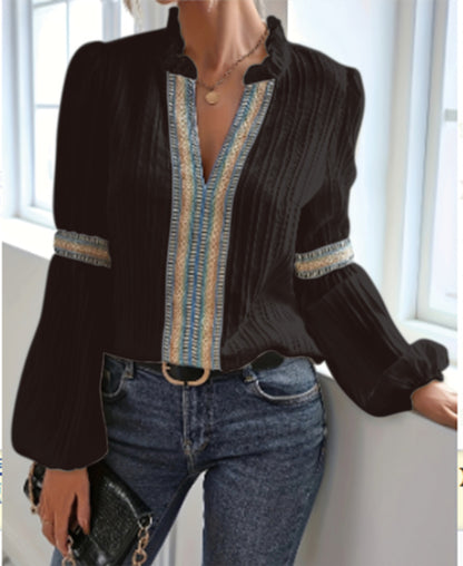 Women’s Lace Trim V Neck Lantern Long Sleeve Blouses Oversized Dressy Casual Loose Fit Business Work Shirts Tops