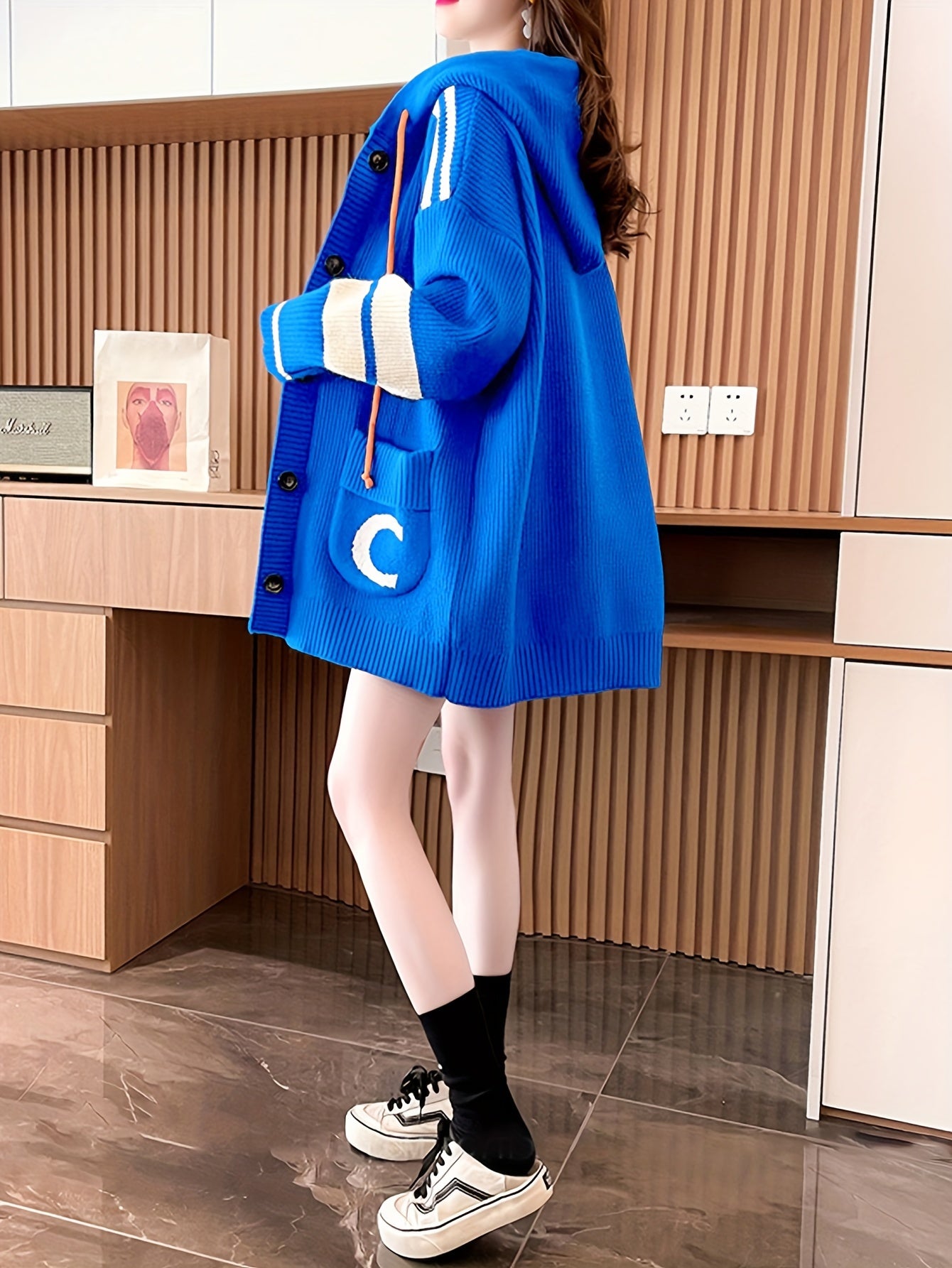 Letter Pattern Button Front Cardigan, Oversized Long Sleeve Drop Shoulder Drawstring Hoodie Jacket For Fall & Winter, Women's Clothing