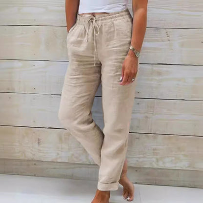 Pantalon fuselé pour femme en coton et lin avec cordon de serrage au dos et taille élastique, pantalon décontracté avec poches
