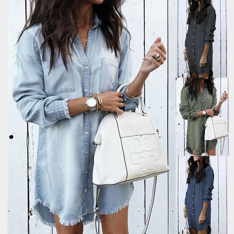 Women Denim Shirt Dresses Long Sleeve Distressed Jean Dress Button Down Casual Tunic Top