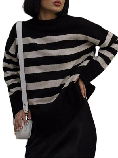 round Neck Contrast Color Knitted Striped Sweater Women 2024Autumn and Winter Women's Clothing  Pullover Loose