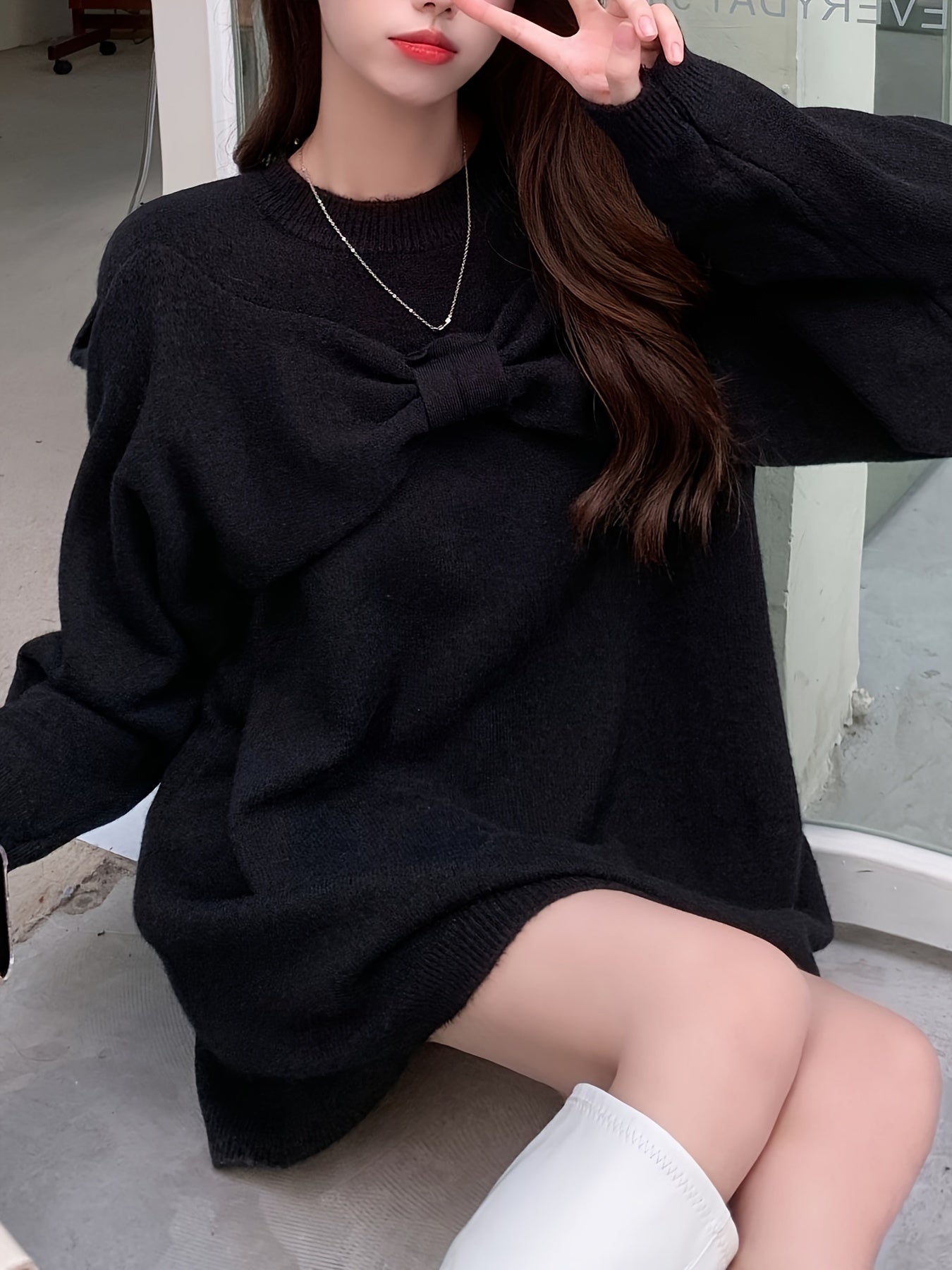 Bow Front Crew Neck Sweater, Chic Cold Shoulder Long Sleeve Longline Sweater For Fall & Winter, Women's Clothing