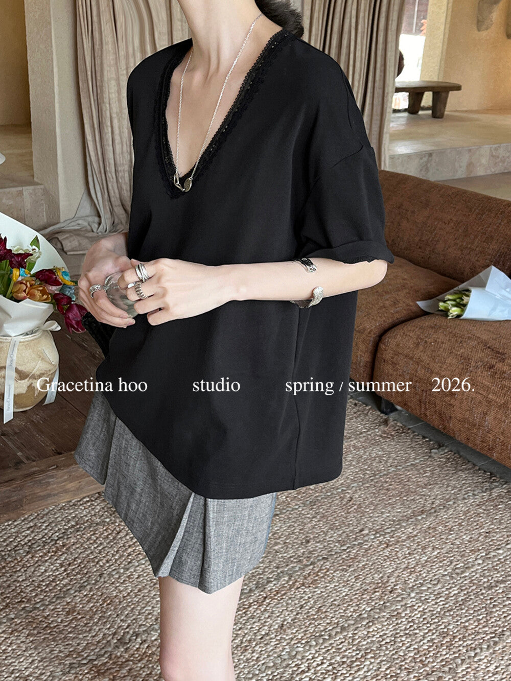 French Lace V-Neck T-Shirt – Minimal Loose Fit Casual Chic Summer Tee - Seldom Seen Styles