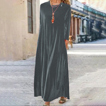 Cross-Border2024Amazon Spring New Gold Velvet European and American Slimming Temperament Crew Neck Long Dress