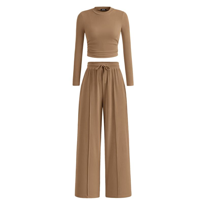 BTFBM 2-Piece Ribbed Knit Long Sleeve Crop Top Wide Leg Pants Matching Lounge Set Loungewear