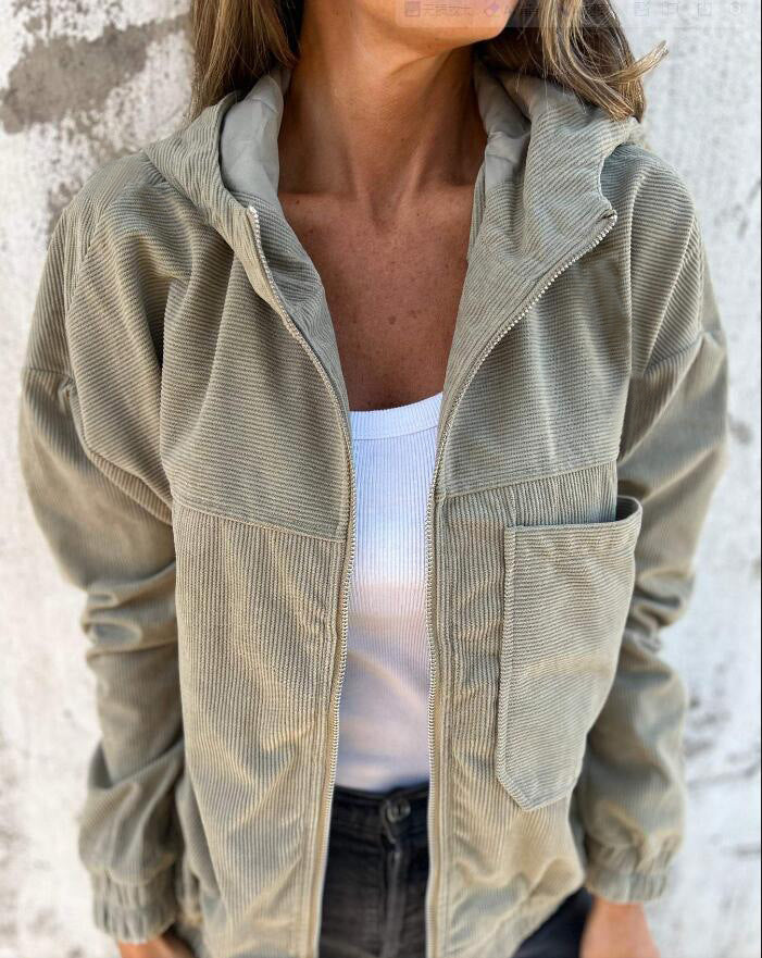 Corduroy Drawstring Hooded Pocket Zip Up Jacket Loose Shacket Coat - Seldom Seen Styles
