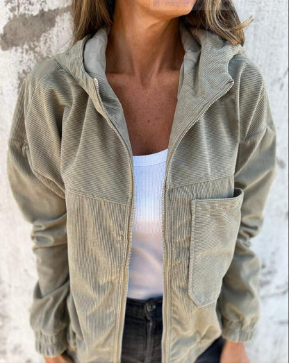 Kord-Kapuzenjacke mit Kordelzug und Reißverschluss, lockerer Shacket-Mantel