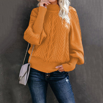 wish2023Winter New Mid-Neck Sweater Women's Amazon Foreign Trade Loose Long-Sleeved Knitted Solid Color Sweater