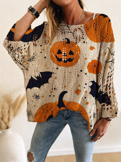 Women's Halloween Pumpkin Print Long Sleeve Knit Top, Casual Elegant Vacation Style, Loose Fit Batwing Shoulder, Spring Summer Fall Wear