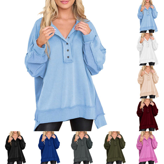 Women's Oversized Sweatshirts Casual Long Sleeve Button Henley Collar Purple Pullover Tunic Tops 2025 Womenswear Fall Winter Outfits - Seldom Seen Styles