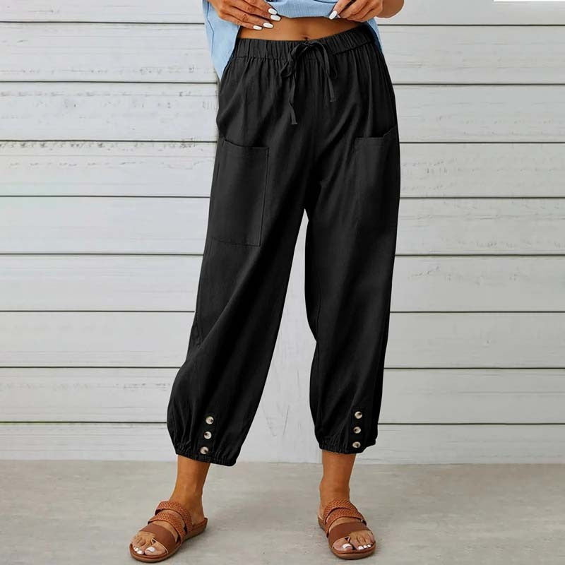 Women's Capri Pants High Waist Drawstring Cinch Bottom with Button Cotton Loose Casual Trouser with Pockets - Seldom Seen Styles