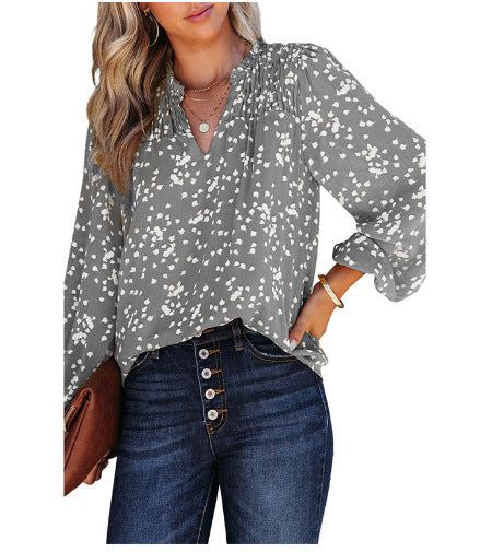 Dokotoo Damen Casual V-Ausschnitt Alicia Blumendruck Gesmokt Langarm Chiffon Blusen Bohemian Top Shirts 