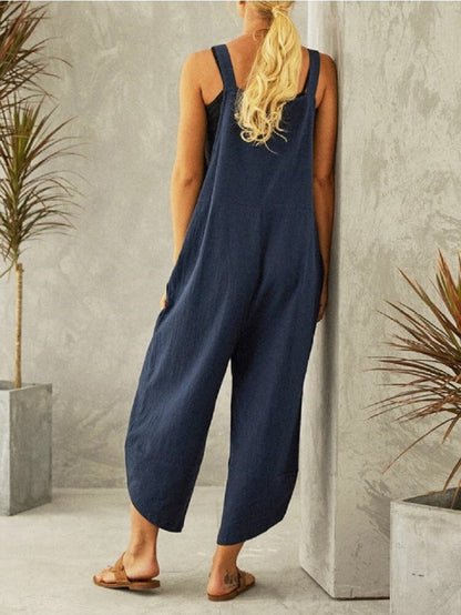 Women's Sleeveless Cotton Linen Overalls Rompers Baggy Wide Leg Jumpsuits