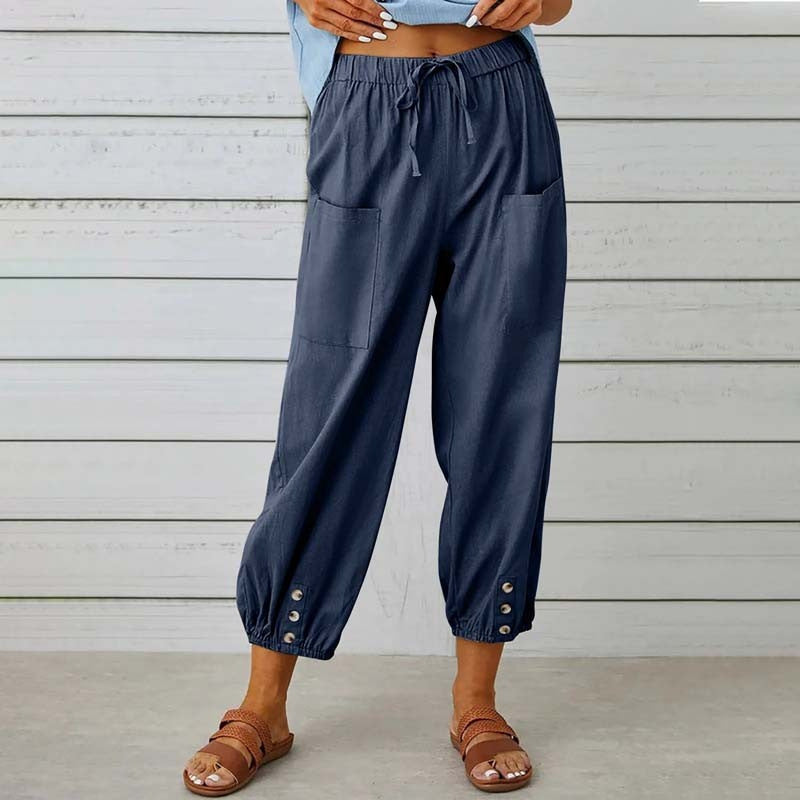 Women's Capri Pants High Waist Drawstring Cinch Bottom with Button Cotton Loose Casual Trouser with Pockets - Seldom Seen Styles
