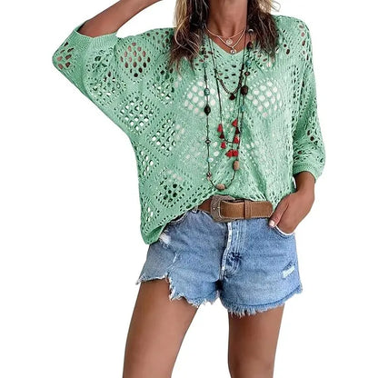 Fisoew Women's Bohemian-Inspired Beige Crochet Top with V-Neck #Springtok #TikTokShopJumpstartSale Casual Chic