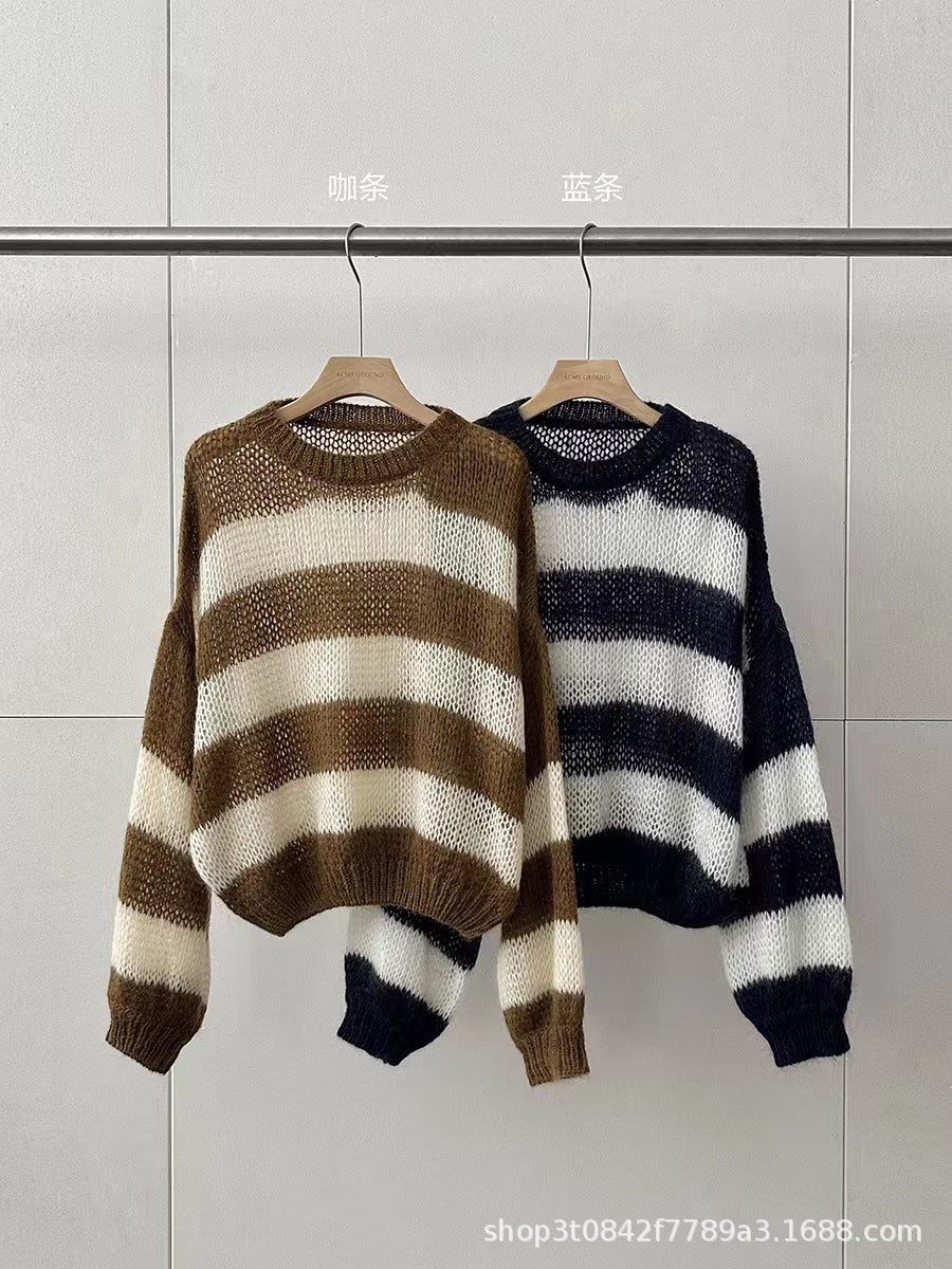 2023Autumn New Korean Style Contrast Color Hollow Lazy Casual Loose-Fitting Lightweight Thin Versatile Mohair Striped Sweater