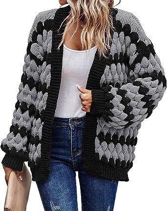 2024 Autumn and Winter Amazon New Lantern Sleeve Striped Loose Multicolor Twisted Knitted Winter Sweater Coat