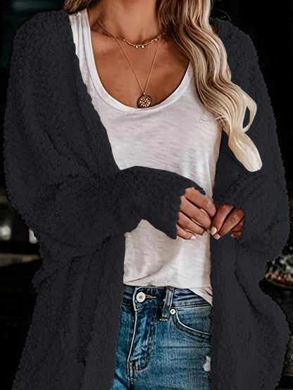 Women's Plain Pocket Batwing Sleeve Cardigan, Casual Long Sleeve Open Front Knitwear for Fall & Winter, Women's Knit Clothing for Daily Wear