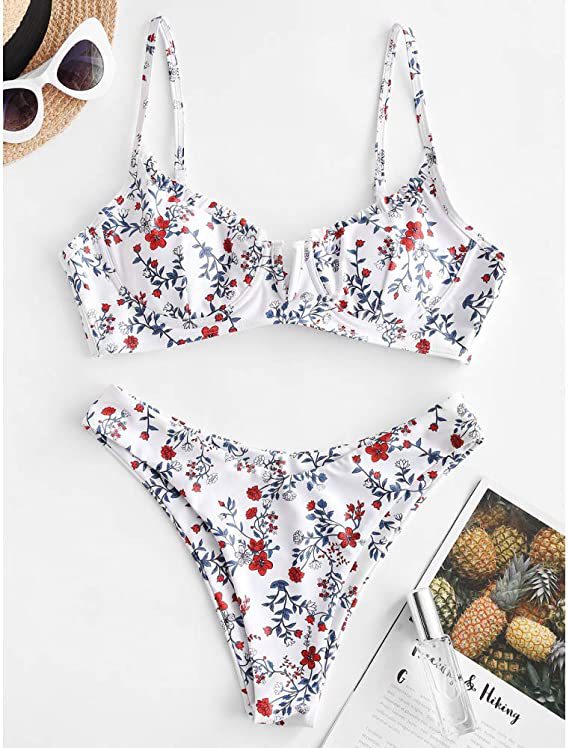 Damen Bügel-Bikini, Blumenmuster, hochgeschnittenes Bikini-Set, V-Bügel, zweiteiliger Badeanzug