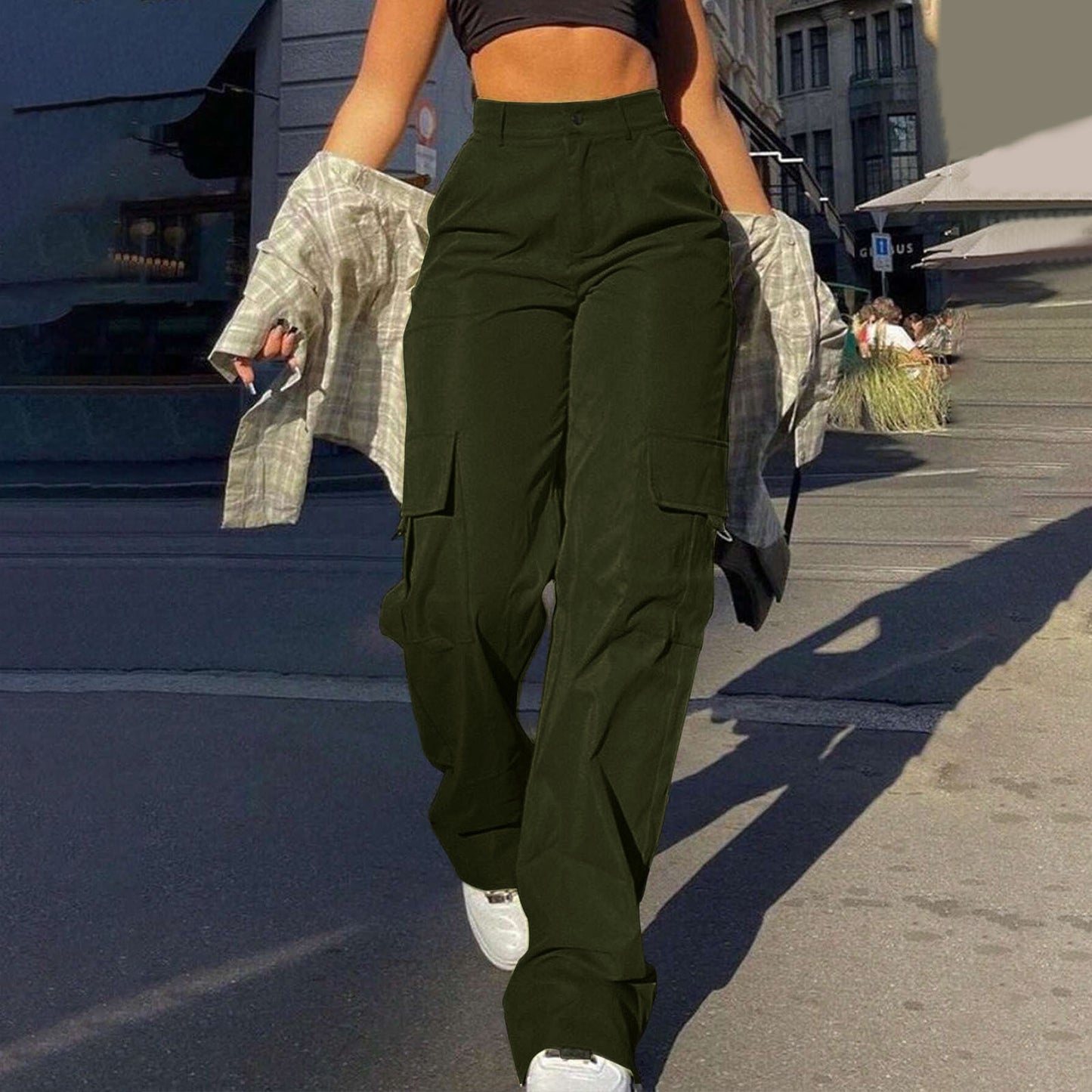 Women's Basic Minimalist Plain Button Front Pocket Cargo Pants, Fashion Y2K Clothes Women, Comfort Casual Street High Waist Wide Leg Trousers For Spring & Fall, Summer Pants, Ladies' Bottoms For Daily Wear, Womenswear, Preppy 80s Clothes - Seldom Seen Styles