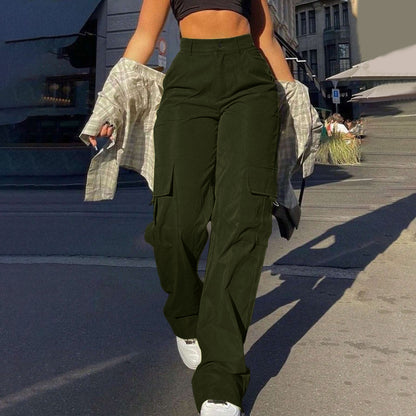 Women's Basic Minimalist Plain Button Front Pocket Cargo Pants, Fashion Y2K Clothes Women, Comfort Casual Street High Waist Wide Leg Trousers For Spring & Fall, Summer Pants, Ladies' Bottoms For Daily Wear, Womenswear, Preppy 80s Clothes - Seldom Seen Styles