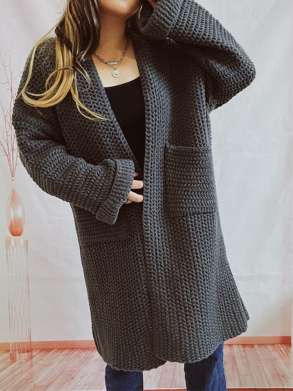 2024Cross-Border Amazon Autumn and Winter New Loose Solid Color Large Pocket Thickened Long Knitted Cardigan Sweater Coat