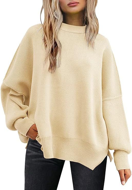 Women's Oversized Batwing Sweaters 2024 Fall Outfits Crewneck Ribbed Knit Side Slit Trendy Pullover Tops