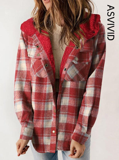 Women's Plaid / Houndstooth Print Button Front Hooded Coat, Casual Long Sleeve Pocket Coat for Fall & Winter, Ladies Outerwear for Daily Wear