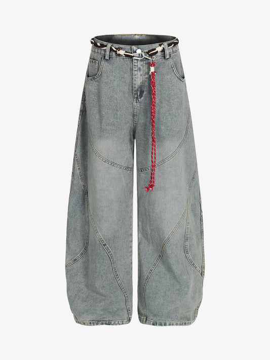 Wide-Leg Denim Trousers with Unique Braided Belt Detail 