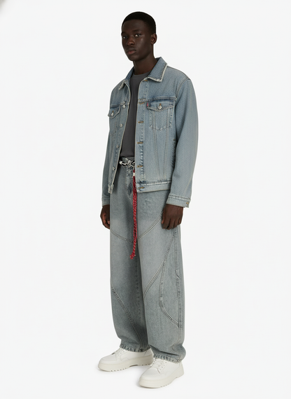 Denim Retro Belt Detail With Patchwork Barrel Jeans - 2490