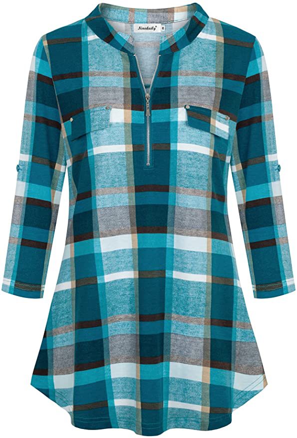 DJT Womens Soft Stretchy Knit Plaid Shirts Roll Up Long Sleeve Collared Button Down Blouses Tops