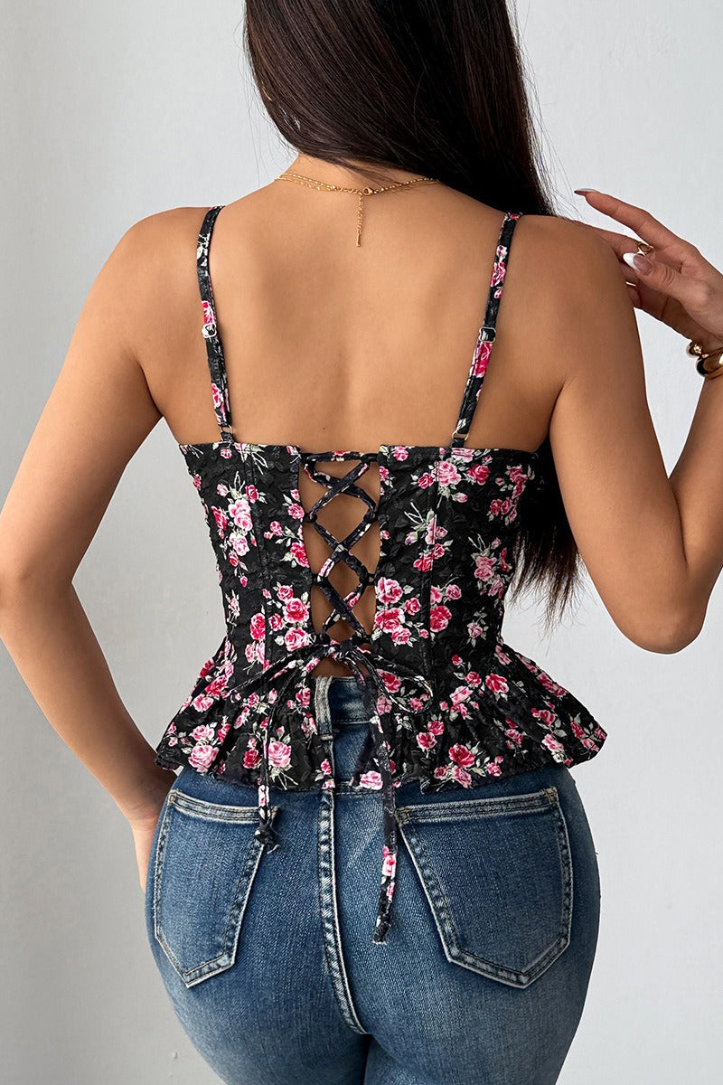 Women's Floral Ditsy Print Spaghetti Strap Cami Top Irregular Ruffle Hem Tie Detail Slim Fit Sleeveless Summer Casual Boho Going Out Top - Seldom Seen Styles