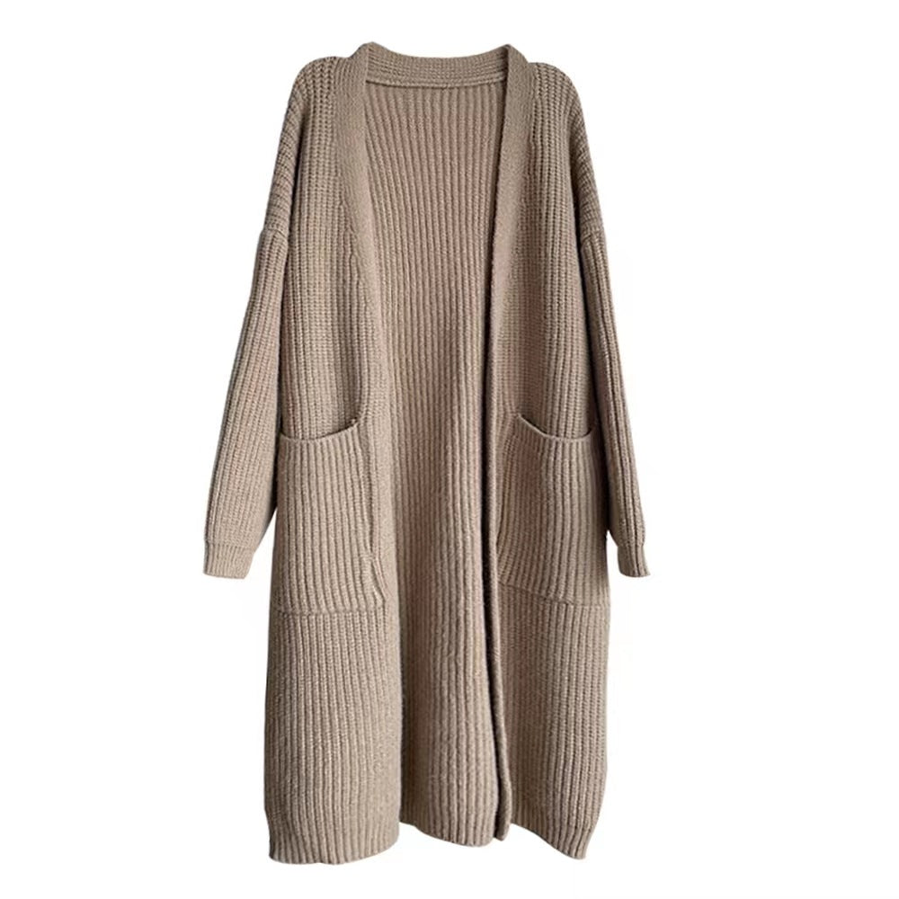 Autumn and Winter New Khaki Thickened Lazy and Loose Large Sweater Coat Female Korean Style High Sense Long Knitted Cardigan