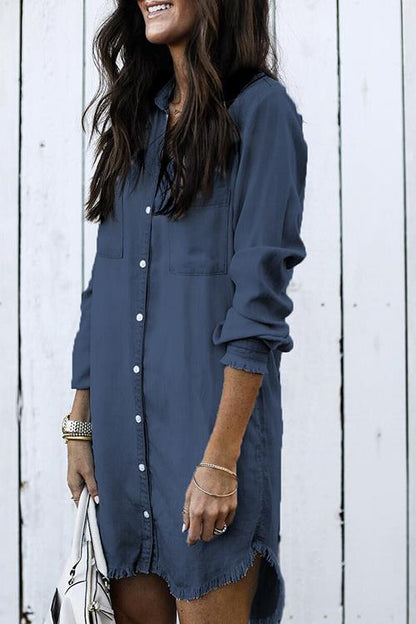 Women Denim Shirt Dresses Long Sleeve Distressed Jean Dress Button Down Casual Tunic Top