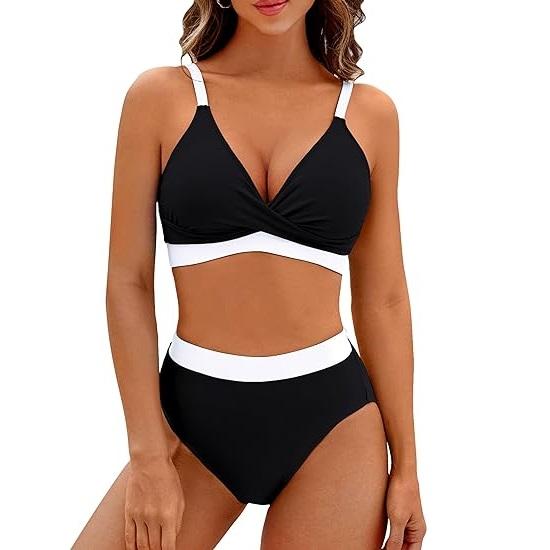 Women's High Waisted Bikini Sets V Neck Two Piece Swimsuit Color Block Twist Front Bathing Suits - Seldom Seen Styles