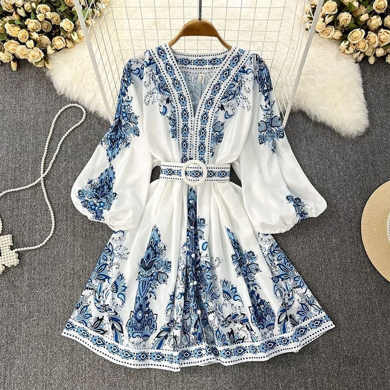 Casual Dresses Women Bohemian Dress 2023 Spring Summer Print Long Lantern Sleeve V Neck Corset Slim Button Pleated Vacation