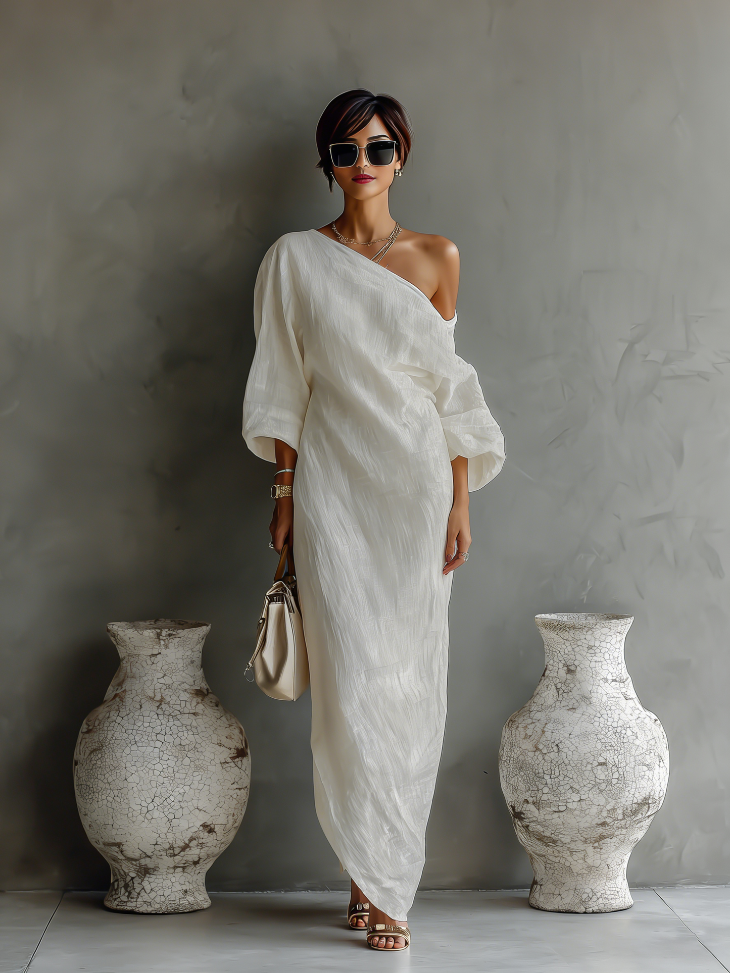 Women's Ivory White Cotton-Linen Blend One-Shoulder Flowing Elegant Dress MDA3032K4T - Seldom Seen Styles