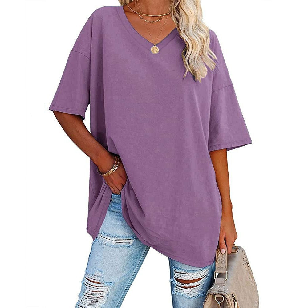 Women's Loose Fit V-Neck T-Shirt Short Sleeve Casual Summer Tops Solid Color Lightweight Breathable Cotton Blend Tee Shirt for Women - Seldom Seen Styles