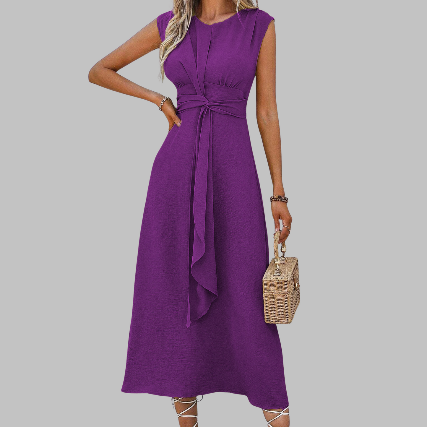 Celeste | Women's Belted Midi Dress Sleeveless Round Neck A-Line - Seldom Seen Styles