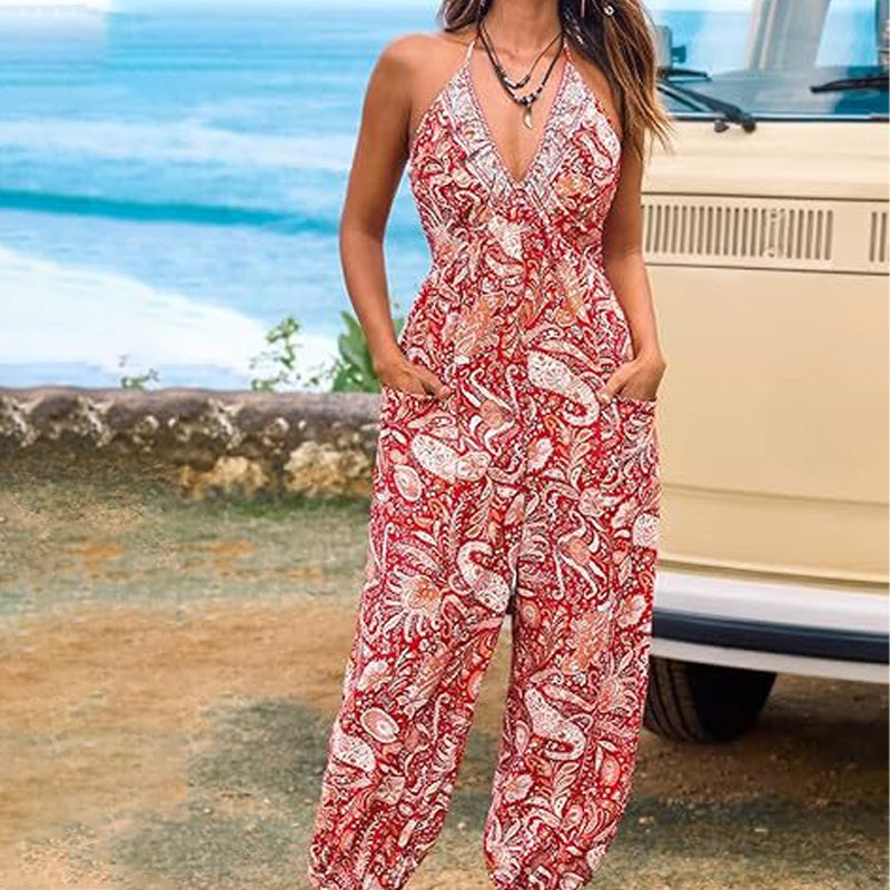 Women's Halter Neck Jumpsuit Deep V Backless Loose Fit Wide Leg Summer Beach Outfit - Seldom Seen Styles