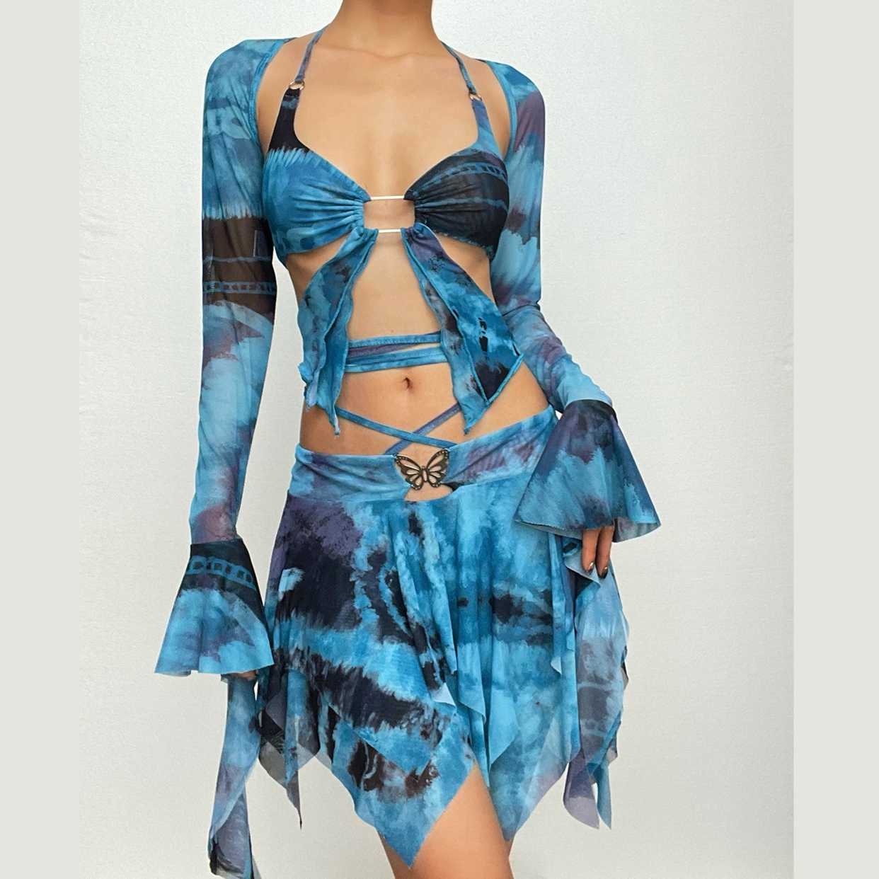 Flared sleeve tie dye o ring self tie halter low cut mini skirt set - Seldom Seen Styles